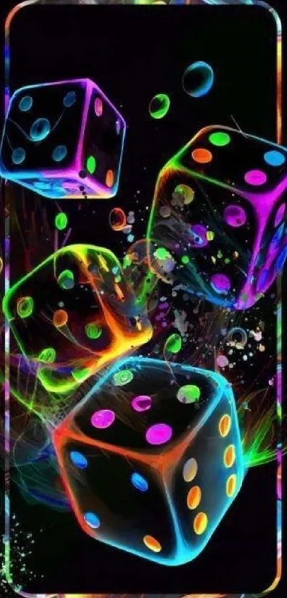 Vibrant neon dice with glowing colors on a dark background.