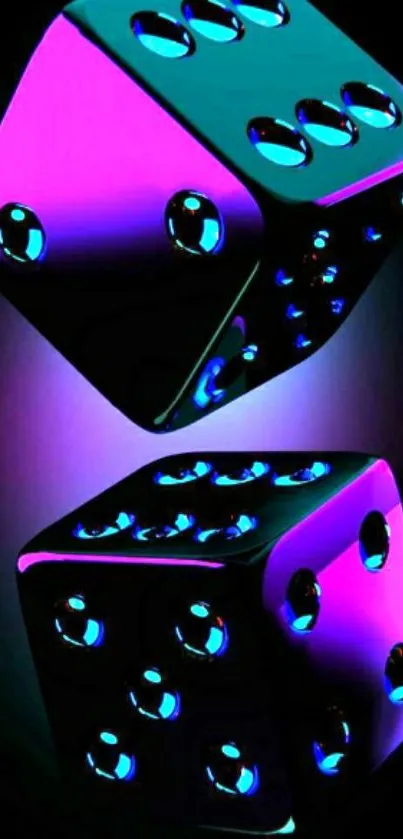 Neon pink and blue dice on black background