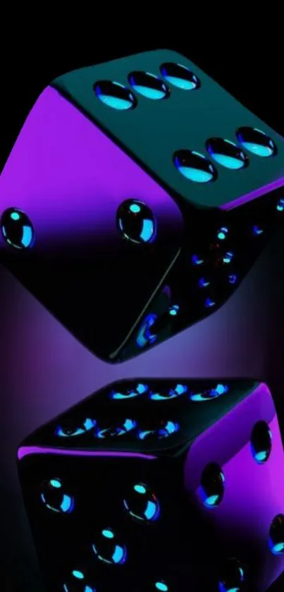 Neon dice glowing vibrantly against a black background with purple and blue hues.