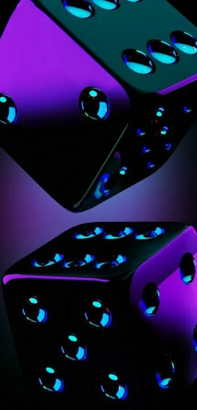 Vibrant neon dice featuring purple and blue on a dark background.