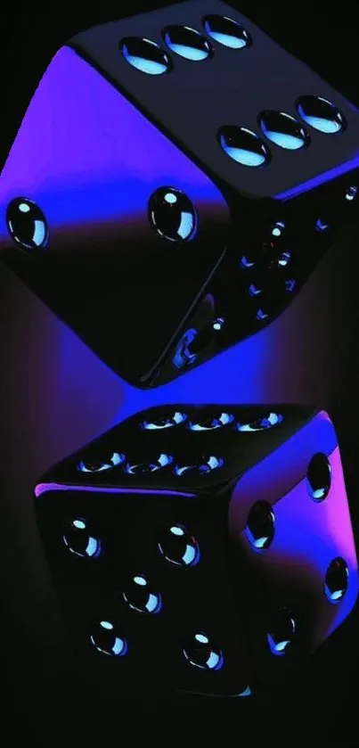 3D neon dice with blue and purple lighting, set against a dark background.