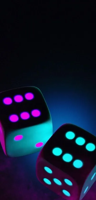 Mobile wallpaper with glowing neon dice on dark background.