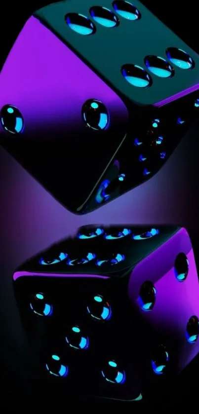 Bright neon dice with purple and blue glow on black background.