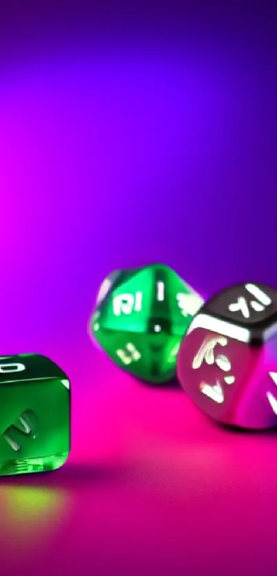 Vibrant neon dice on a hot pink and purple background.