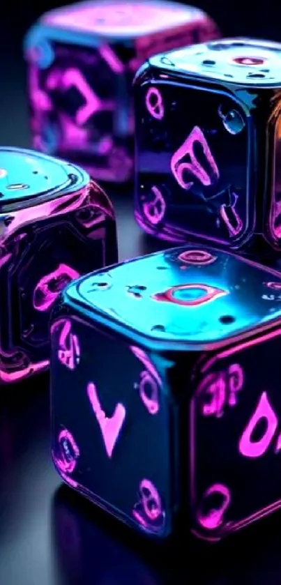 A vibrant neon dice wallpaper featuring pink and blue glowing cubes.