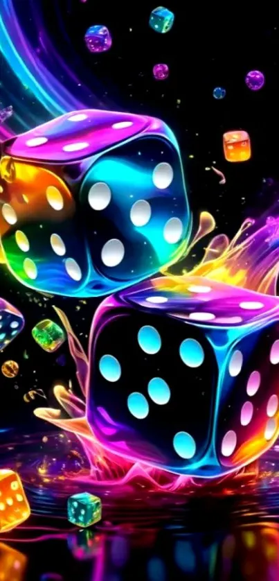 Vibrant neon dice with colorful glow