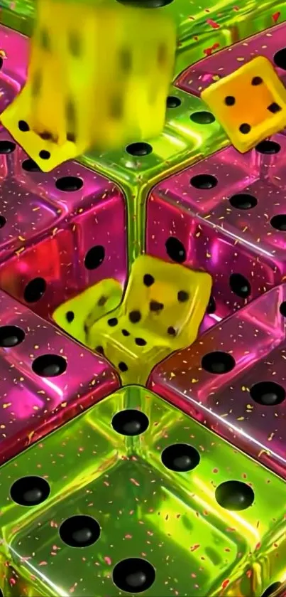Colorful neon dice creating a vibrant mobile wallpaper.