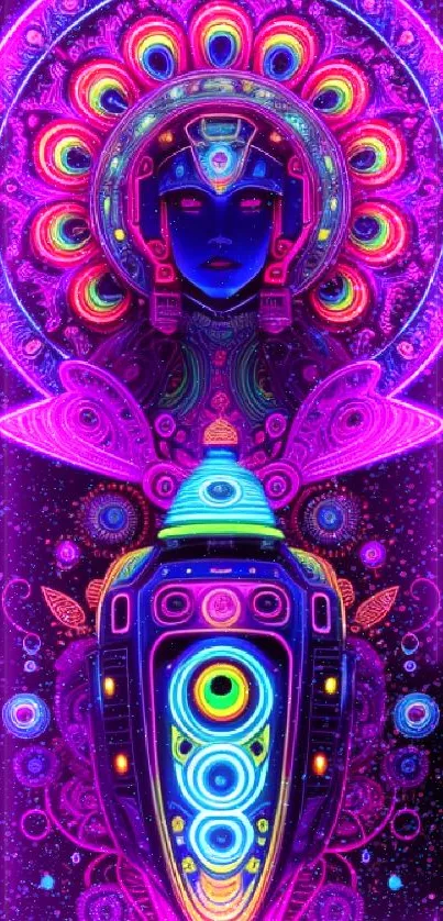 Colorful neon digital art with a psychedelic and futuristic design.