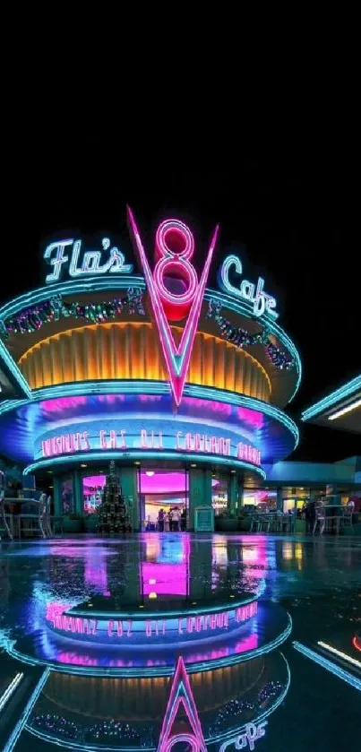 Neon-lit retro diner with bright reflections.