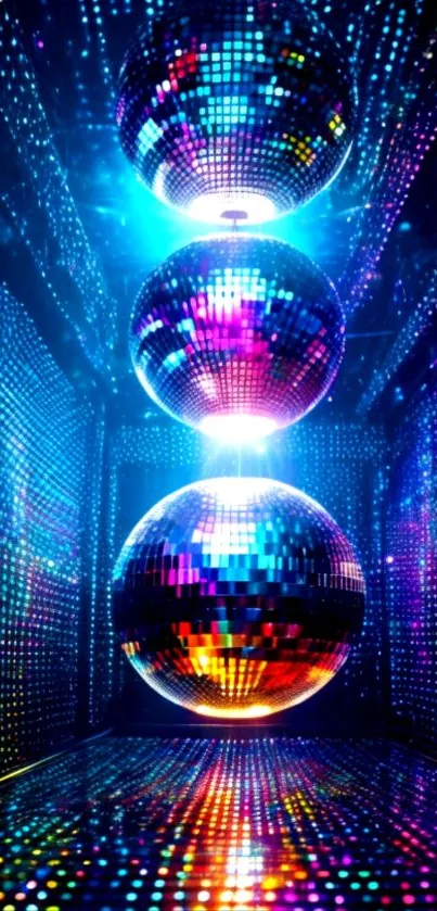 Colorful neon disco balls with a vibrant blue glow.