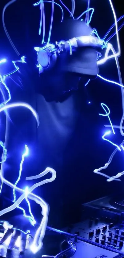 DJ with neon blue light effects creating an electric vibe.