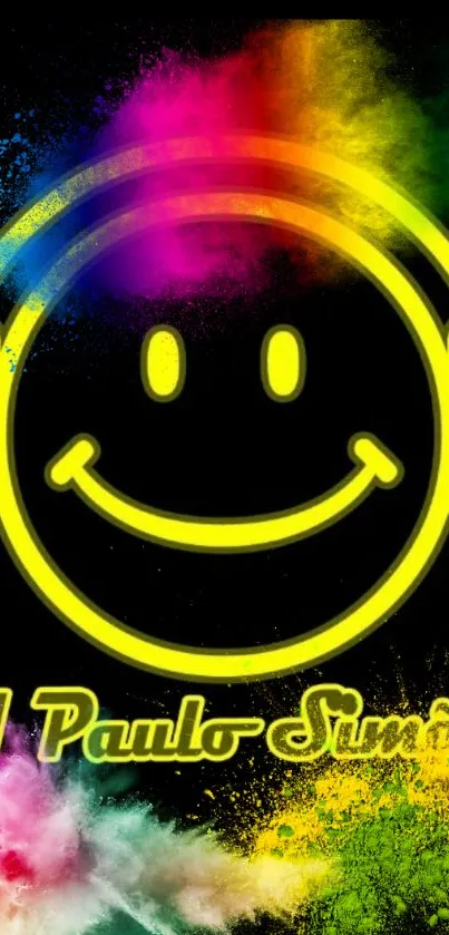 Colorful neon DJ smiley wallpaper with vibrant hues of yellow, pink, and green.