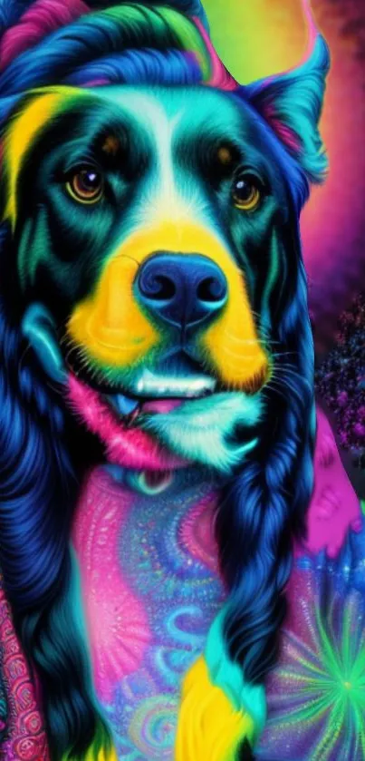 Vibrant neon illustration of a dog with psychedelic colors and abstract patterns.