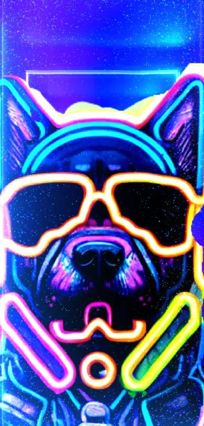 Neon dog art with vibrant colors on a bright blue background.