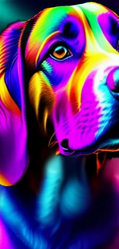 Neon dog art with vibrant psychedelic colors.