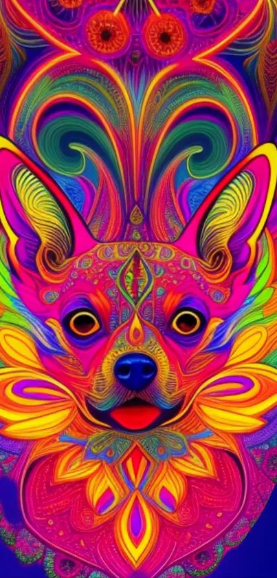 Vibrant neon pink psychedelic dog design wallpaper.