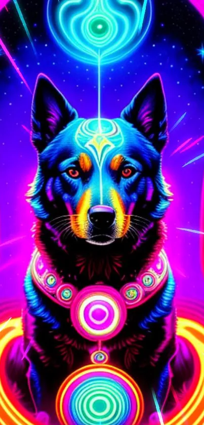 Mystical neon dog illustration with vibrant colors.