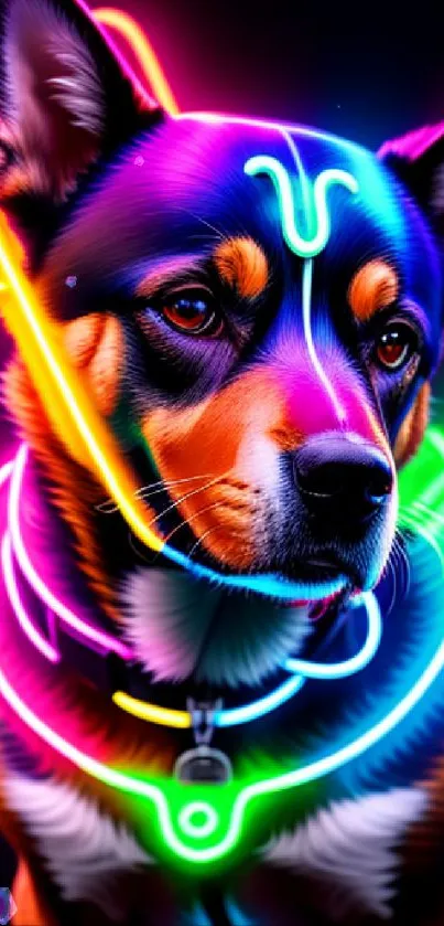 Neon dog artwork with vibrant, colorful glow and futuristic design.