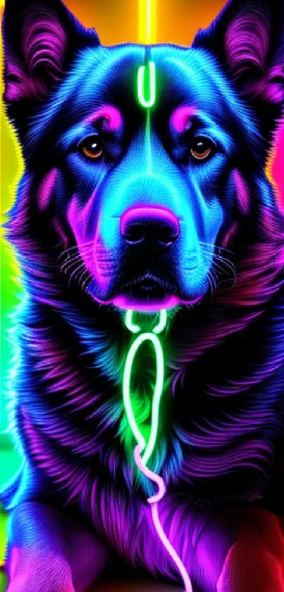 Neon German Shepherd art wallpaper with vibrant colors and glowing lights.