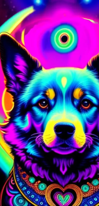 Vibrant neon artwork of a psychedelic dog.