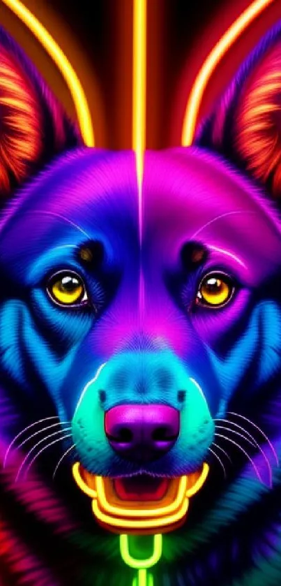 Vibrant neon dog artwork with bold, colorful design.