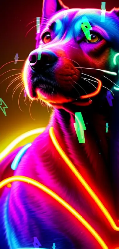 A colorful neon dog portrait with vibrant lighting against a dark background.