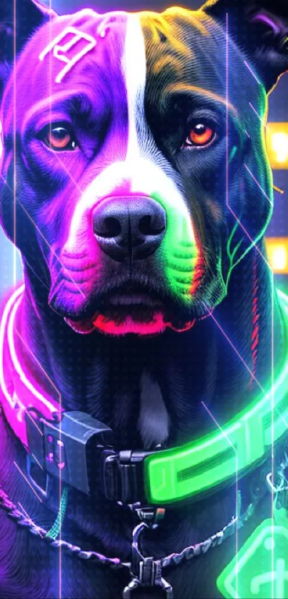 Vibrant neon dog with glowing collar and colorful lights.