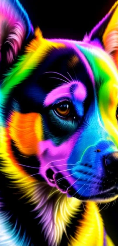 Vibrant neon portrait of a dog with colorful hues and artistic flair.