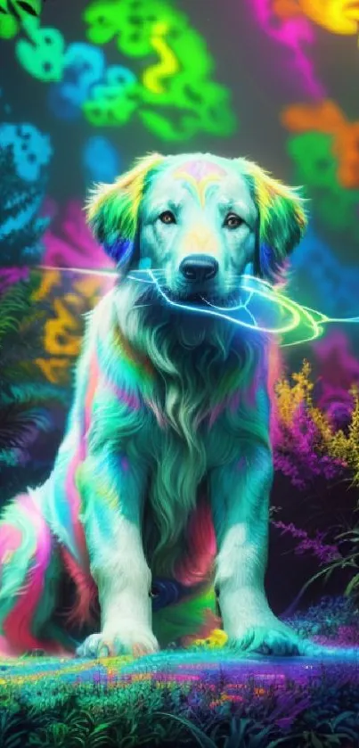 Neon-colored dog in a vibrant, abstract-themed wallpaper.