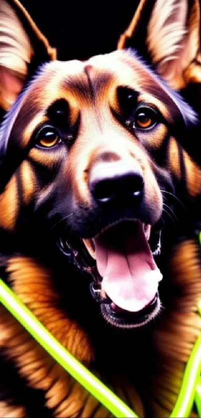 Neon-lit German Shepherd dog with vibrant colors on a dark background.