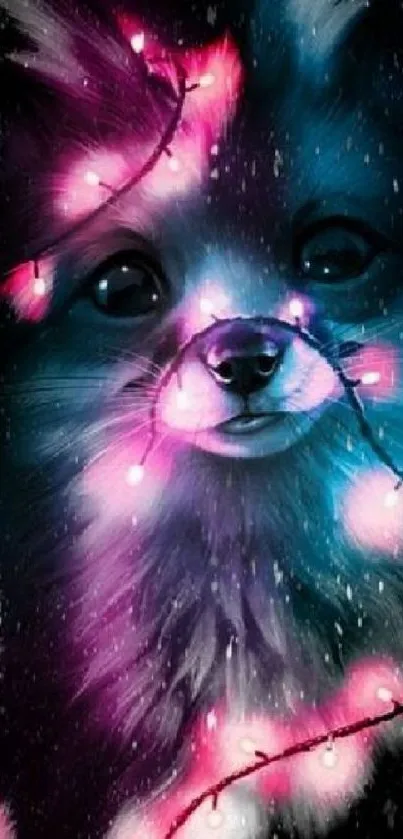 Neon dog with colorful fairy lights wallpaper.