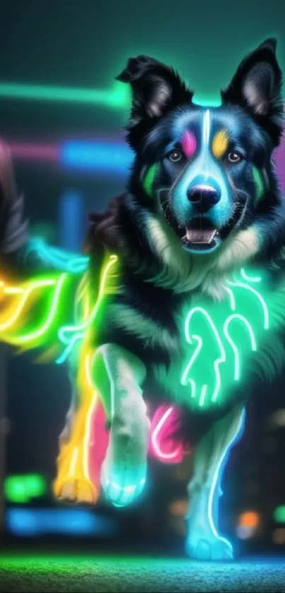 Neon-lit dog running with colorful glows.