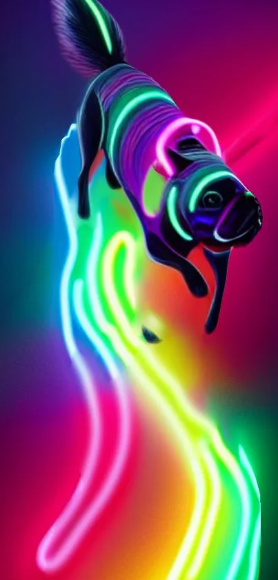 A playful dog in vibrant neon colors with a bright glowing effect.