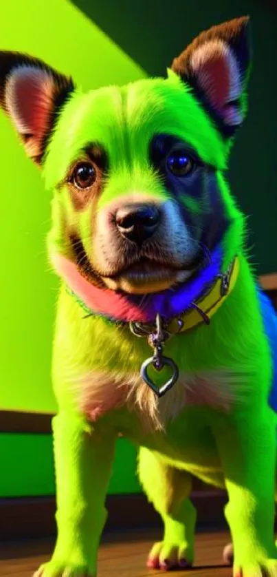 A vivid neon green dog in a colorful room setting.