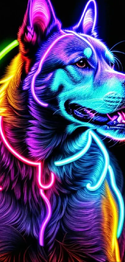 Vibrant neon illustration of a dog with a glowing artistic design.