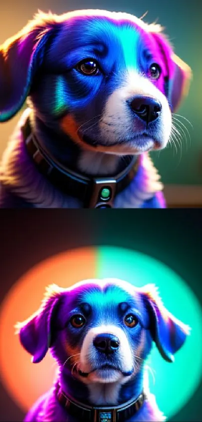 Vibrant neon wallpaper with a colorful dog and artistic background.