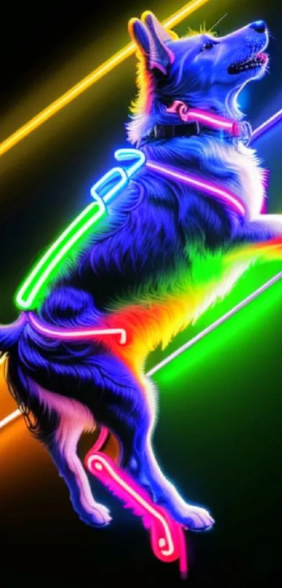 Neon dog jumping with vibrant colors on black background.