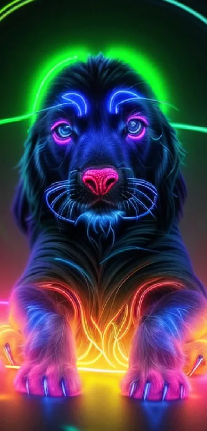 Vibrant neon dog with glowing colors in a lively digital art wallpaper.