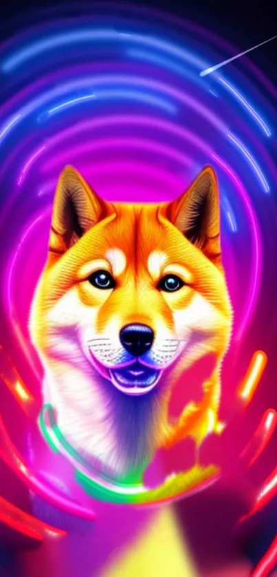 Neon dog with vibrant glowing colors and lights.