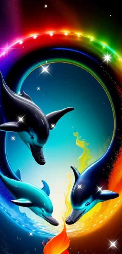 Vibrant neon dolphins encircled by colorful light.