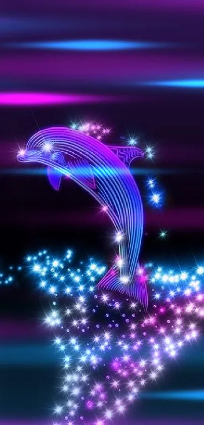 Neon dolphin gracefully swimming in a glowing ocean with sparkling stars.