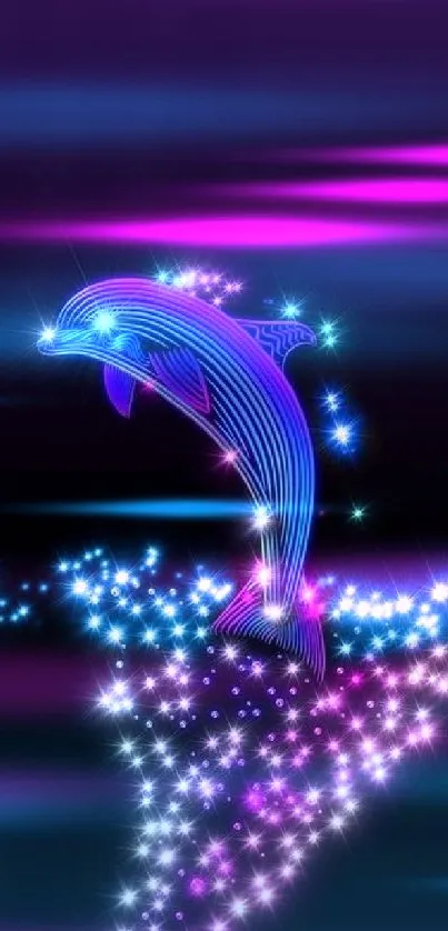 Neon dolphin with glowing trail on dark purple background.