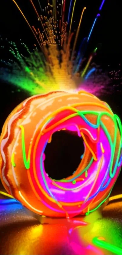 Vibrant neon donut with colorful splash on a black background.