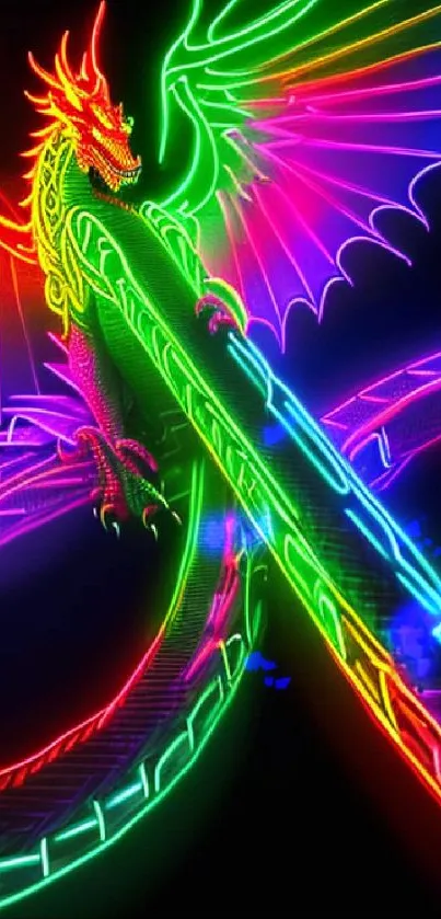 Vibrant neon dragon illustration with glowing colors on a black background.