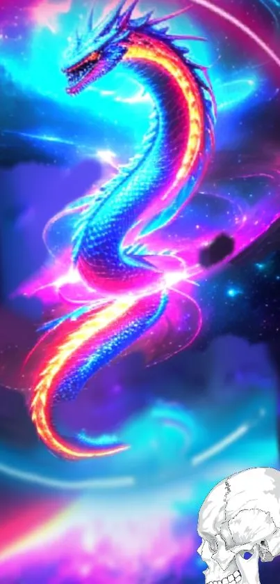 Colorful neon dragon hovering over cosmic background with vibrant hues.