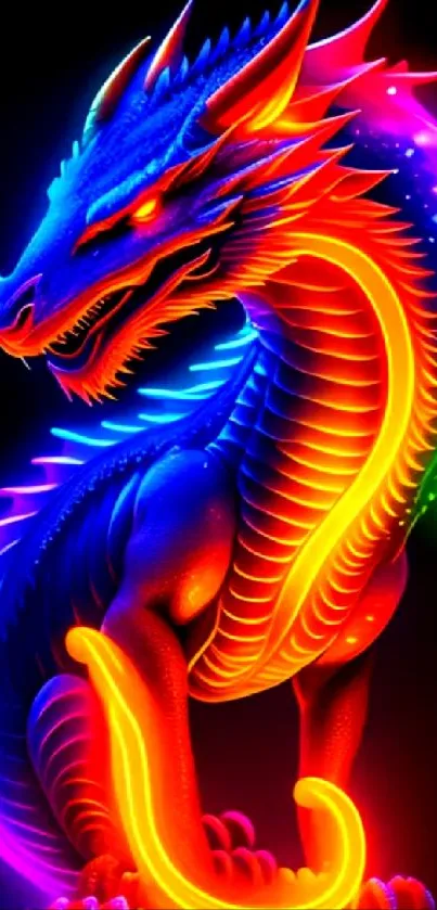 Vibrant neon dragon with glowing rainbow colors on a dark background.