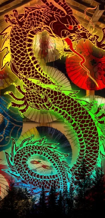 Vibrant neon dragon artwork with colorful umbrellas on a phone wallpaper.