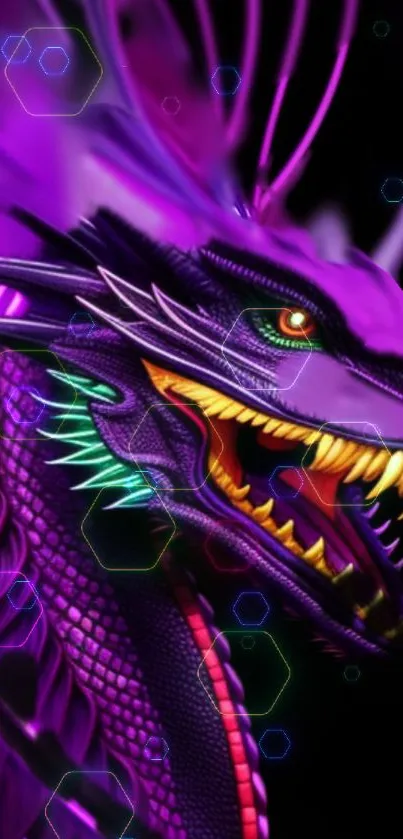 Vibrant neon dragon illustration with purple tones.