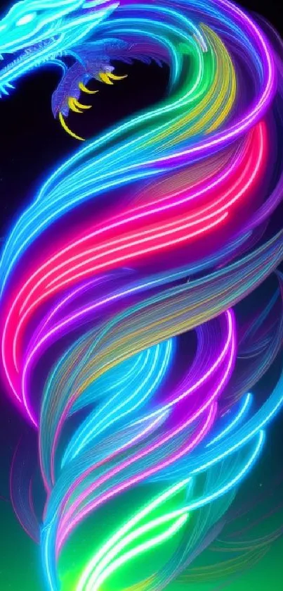 Vibrant neon dragon swirling in colorful patterns on a black background.