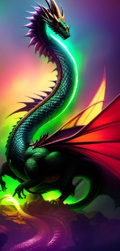 Colorful neon dragon with vibrant wings and glowing scales.